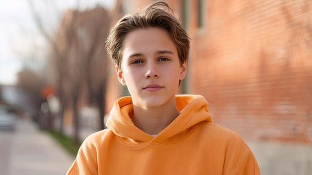 A teenage boy wearing bright orange hoodie stands confidently against brick wall, showcasing modern urban style. his expression is calm and thoughtful, reflecting sense of youthfulnessの素材