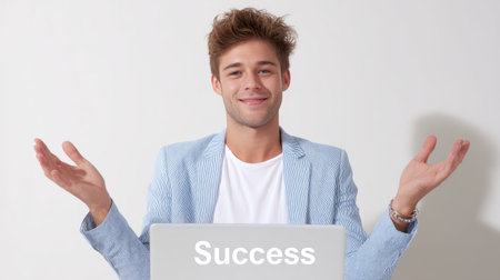 A businessman smiling widely with open palms, expressing joy and confidence in professional setting. word success is prominently displayed on laptop, symbolizing achievement and positivityの素材