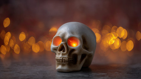 A closeup of spooky skull figurine with glowing eyes, set against blurred background of warm, shimmering lights. this eerie decoration evokes sense of mystery and intrigueの素材