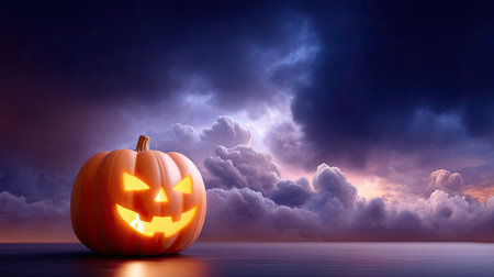 A carved pumpkin with evil grin sits against dramatic sky filled with dark clouds, creating spooky atmosphere perfect for halloween celebrationsの素材