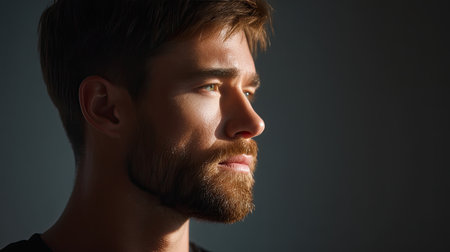 A portrait of man with well groomed beard, captured in dramatic lighting that highlights his facial features and expression. soft shadows create moody atmosphere, enhancing depth of imageの素材