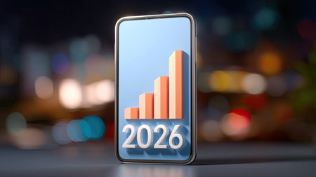 A smartphone screen displays growth chart with rising bars and year 2026, symbolizing progress and future potential. vibrant background adds dynamic feel to imageの素材