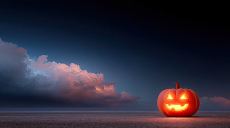 A glowing carved pumpkin with evil grin sits against dramatic twilight sky, creating spooky atmosphere perfect for halloween celebrationsの素材