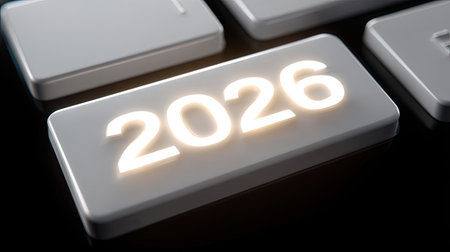 A closeup of keyboard key featuring year 2026, illuminated with glowing effect, symbolizing technology and innovation. this evokes sense of modernity and forward thinkingの素材