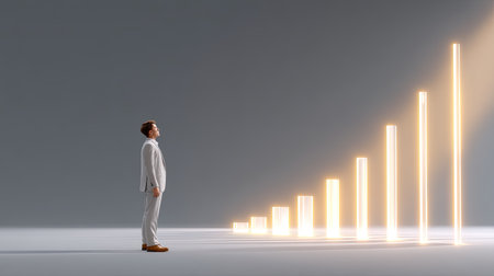 A businessman in light suit stands in front of glowing vertical bars representing growth and success. scene conveys ambition and pursuit of goals in modern, minimalist settingの素材