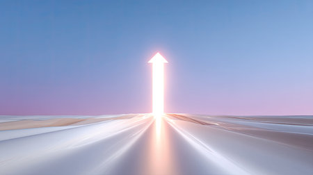 A large ascending arrow glows brightly against serene sky, symbolizing progress and direction. smooth landscape reflects light, creating sense of movement and inspirationの素材