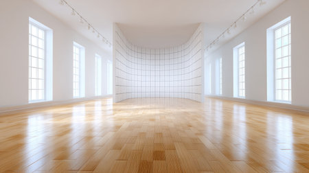 A spacious and modern interior featuring large, curved wall with grid pattern, surrounded by bright windows that allow natural light to flood room. polished wooden floor adds warmth to minimalistの素材