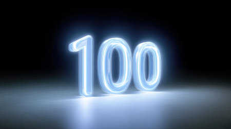 A glowing number 100 in futuristic style, illuminated against dark background, creates striking visual effect that conveys sense of achievement and modernityの素材
