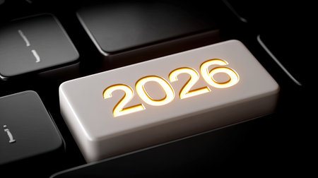 A closeup of keyboard key featuring year 2026, illuminated with glowing effect, set against dark background. this evokes sense of anticipation and modern technologyの素材