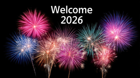 A colorful fireworks display celebrating arrival of new year, with vibrant bursts of pink, blue, and gold illuminating night sky, creating festive atmosphereの素材