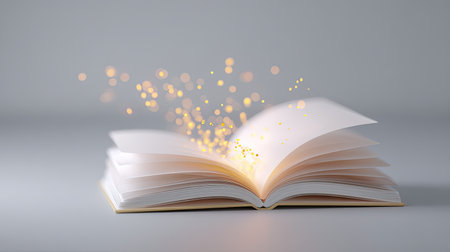 A closeup of open book with glowing text and magical sparkles emanating from its pages, creating enchanting atmosphere. soft lighting enhances beauty of book pagesの素材