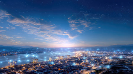 A wide angle view of bustling port dusk, illuminated by city lights and connected by network of glowing lines, symbolizing technology and connectivity. scene evokes sense of innovation and progressの素材