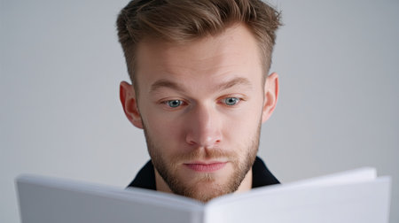 A young man is deeply engaged in reading a book, showcasing a serious expression that reflects his concentration. The neutral background emphasizes his focus on the literature, capturing a moment of personal growth and engagement with learning.の素材