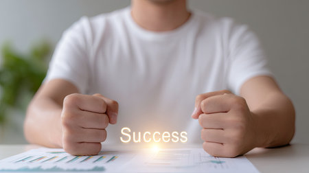 A male entrepreneur clenching fists and leaning forward, symbolizing determination and success in business. background features charts and graphs, emphasizing growth and achievementの素材