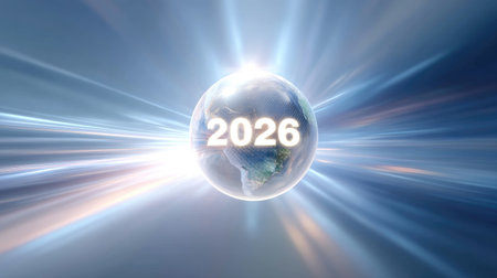 A globe hologram with glowing light effects representing year 2026, symbolizing future possibilities and advancements in technology and innovationの素材