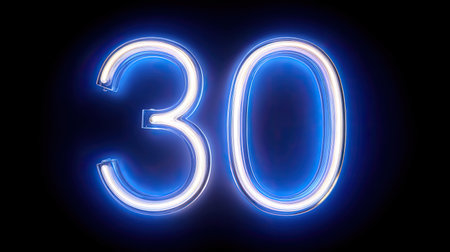 A glowing neon blue number 30 stands out against dark background, creating striking visual effect that captures attention and evokes sense of modernity and vibrancyの素材