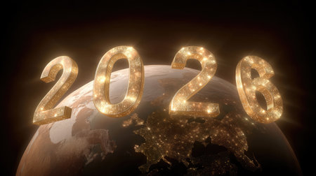 A stunning representation of year 2026, featuring glowing numbers above detailed view of earth, symbolizing hope and future possibilities. image evokes sense of wonder and anticipationの素材