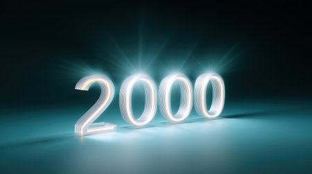 A glowing number 2000 illuminated with bright light, creating futuristic and vibrant atmosphere, perfect for celebrating milestones or anniversariesの素材