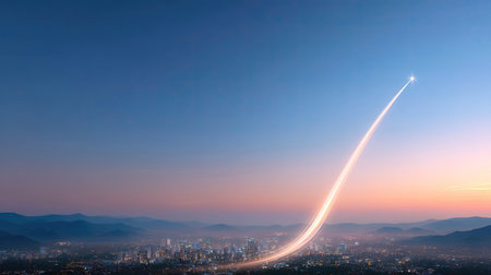 A stunning view of rocket launch illuminating sky above cityscape, with glowing trail marking its ascent. scene captures excitement and wonder of space explorationの素材