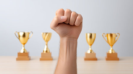 A strong fist is raised triumphantly in front of several golden trophies, symbolizing achievement and victory. scene conveys sense of determination and successの素材