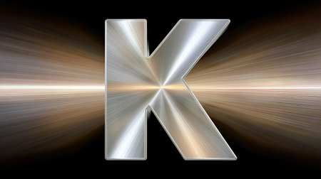 A closeup of metallic silver letter k with brushed texture, radiating light and energy, creating dynamic and modern visual effect. this design evokes sense of creativity and innovationの素材