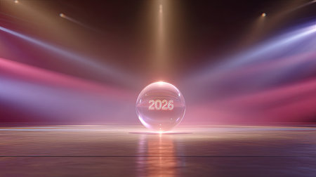 A captivating image of glowing crystal ball with year 2026 displayed prominently, surrounded by vibrant beams of light various colors. atmosphere is filled with anticipation and wonderの素材