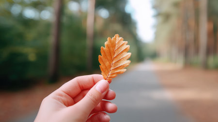 A hand gently holds a brown leaf against a softly blurred forest path, capturing the essence of autumn. The serene atmosphere invites exploration and connection to nature.の素材
