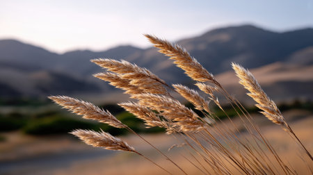 A golden grass sways gently in breeze against backdrop of rolling hills and mountains, creating serene and tranquil landscape that evokes sense of peace and connection to natureの素材