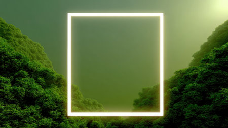 A simple empty square frame surrounded by lush green nature creates serene and tranquil atmosphere, inviting contemplation and reflectionの素材