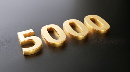 A golden numbers 5000 displayed prominently on dark surface create striking visual. shiny finish adds elegance, making it suitable for various contexts like finance or awardsの素材