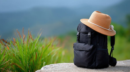 A stylish hiking backpack rests on rock, adorned with straw hat, surrounded by lush greenery and distant mountains, evoking sense of adventure and tranquilityの素材