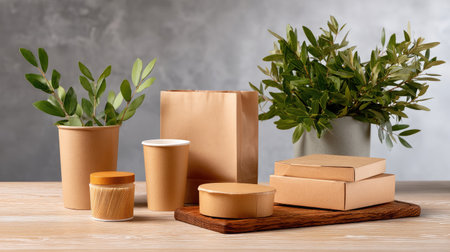 A beautiful arrangement of eco-friendly packaging items alongside greenery adds a natural touch, perfect for showcasing sustainability and minimalism.の素材