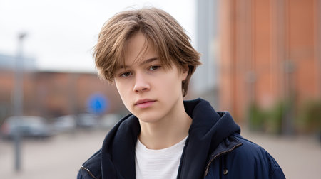 A modern teenage boy stands confidently outdoors, showcasing casual style with jacket and hoodie. his expression is thoughtful, reflecting sense of maturity and individualityの素材