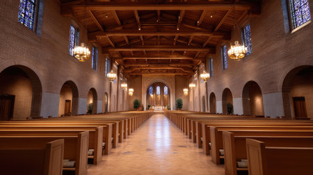 A serene interior of christian church nave featuring wooden beams, stained glass windows, and rows of pews. warm lighting creates peaceful atmosphere, inviting reflection and worshipの素材