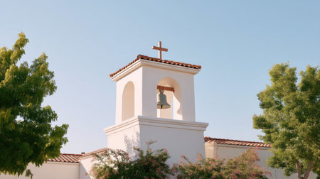 A beautiful church bell tower stands tall against clear blue sky, featuring prominent cross atop its structure. surrounding trees add touch of greenery, enhancing serene atmosphereの素材