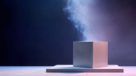 A gray concrete podium with smooth surface is illuminated against dark background, with ethereal smoke rising from its top, creating mysterious and artistic atmosphereの素材