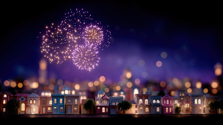 A vibrant cityscape illuminated by colorful fireworks during festive celebration, showcasing charming buildings and magical atmosphere. scene captures joy and excitement of special occasionの素材