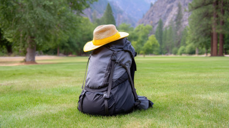 A hiking backpack sits on grassy field, adorned with bright yellow hat, surrounded by trees and mountains in background, evoking sense of adventure and tranquilityの素材