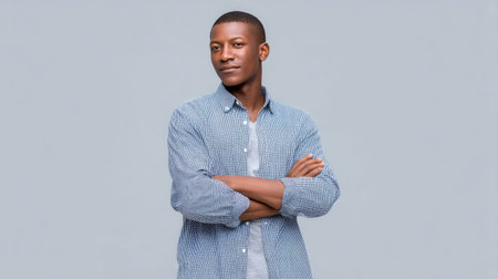 A confident man standing with arms crossed, wearing casual shirt, showcasing relaxed yet assertive demeanor. background is neutral, emphasizing his presence and styleの素材