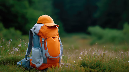 A vibrant hiking backpack with rain cover sits on grassy field, surrounded by nature. scene evokes sense of adventure and exploration in great outdoorsの素材