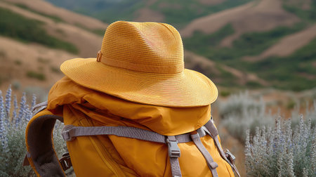 A vibrant yellow hiking backpack rests on scenic hillside, adorned with matching wide brimmed hat. landscape features rolling hills and greenery, evoking sense of adventure and explorationの素材