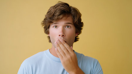 A surprised man covering mouth with hand, expressing shock or disbelief against yellow background. his casual attire and hairstyle add to relaxed yet expressive mood of imageの素材