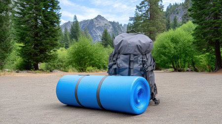 A vibrant blue rolled inflatable camping mat rests sandy surface beside sturdy backpack, surrounded by lush green trees and majestic mountains background, evoking sense of adventure and tranquilityの素材