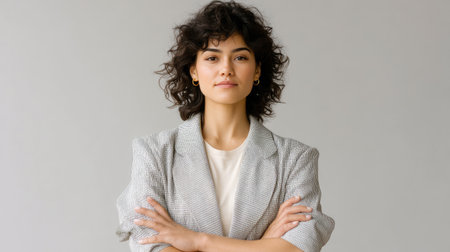 A confident woman with curly hair standing with arms crossed, wearing stylish blazer against neutral background, exuding strength and poiseの素材