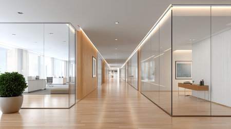 A modern office hallway featuring sleek glass walls and wooden accents, creating bright and inviting atmosphere. design emphasizes openness and professionalism, ideal for contemporary workspaceの素材