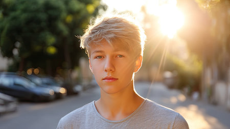 A teenage boy stands casually in sunlit street, exuding calm and confident demeanor. warm sunlight creates soft glow around him, enhancing serene atmosphereの素材