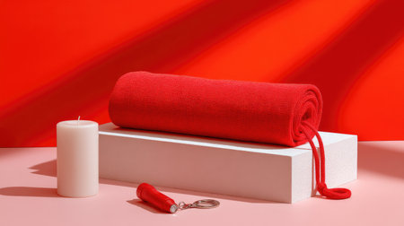 A rolled emergency blanket in vibrant red color is placed on white block, accompanied by white candle and red flashlight. scene conveys sense of preparedness and safetyの素材