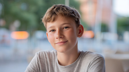 A teenage boy with relaxed smile is sitting at table, showcasing calm and friendly demeanor. background features blurred outdoor setting, enhancing warm atmosphereの素材