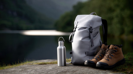 A rugged waterproof hiking backpack sits beside stainless steel water bottle and sturdy hiking boots, set against serene natural backdrop. this scene evokes sense of adventure and explorationの素材