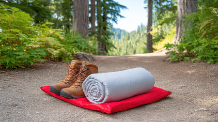 A pair of brown hiking boots rests beside rolled up sleeping bag on red mat, set against scenic forest path with tall trees and mountains in background, evoking sense of adventure and tranquilityの素材